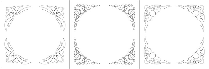 Set of three vector frames. Elegant black and white monochrome ornamental corners for greeting cards, banners, invitations. Vector frame for all sizes and formats. Isolated vector illustration.