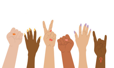 Women , girls hand drawn vector illustration in bright color , solidarity and unity girl different races, women power , for different design uses , cards , banner , books , flayers and other uses