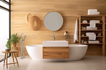 Interior of stylish bathroom with wooden cabinet, sink, bathtub, and mirror.