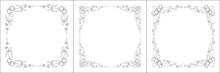 Set of three vector frames. Elegant black and white monochrome ornamental corners with butterflies for greeting cards, banners, invitations. Vector frames.