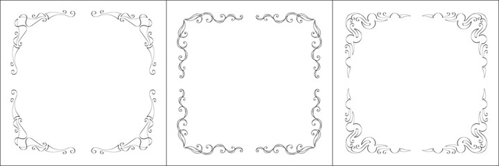 Set of three vector frames. Elegant black and white monochrome ornamental corners for greeting cards, banners, invitations. Vector frame for all sizes and formats. Isolated vector illustration.