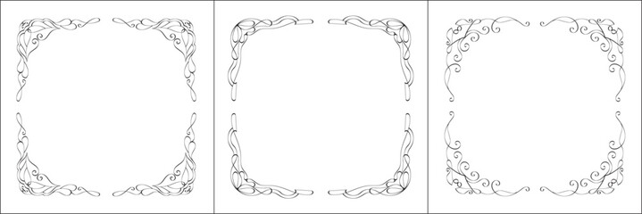 Set of three vector frames. Elegant black and white monochrome ornamental corners for greeting cards, banners, invitations. Vector frame for all sizes and formats. Isolated vector illustration.