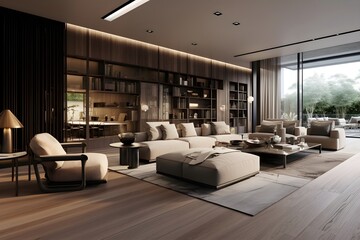 Beautiful living room with grey and grey walls and chandelier, in the style of realistic light brown and bronze