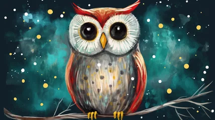 Papier Peint photo Dessins animés de hibou christmas cute owl under a starry night