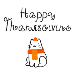 Happy thanksgiving. A cat in a hat and scarf. Vector outline illustration. Graphic design