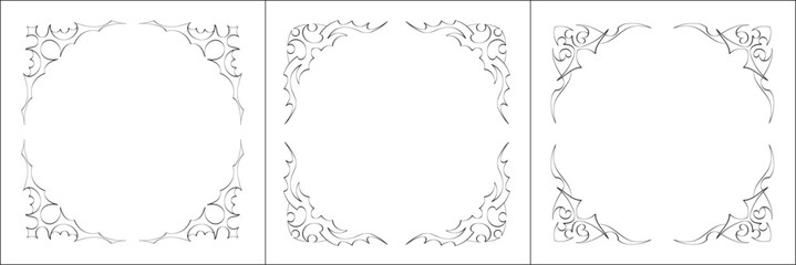 Set of three vector frames. Elegant black and white monochrome ornamental corners for greeting cards, banners, invitations. Vector frame for all sizes and formats. Isolated vector illustration.