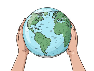 Doodle Earth globe with hands, cartoon sticker, sketch, vector, Illustration, minimalistic