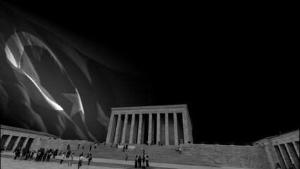 Anitkabir and waving Turkish Flag. 10 kasim or 10th november concept 4k black and white video with copy space for texts. Memorial day of Ataturk concept 4k footage.