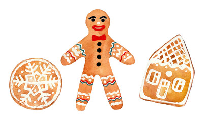 Set of three different gingerbread cookies isolated on white background. Gingerbread man. Round gingerbread with snowflake decoration. And gingerbread houses. Watercolor. White decorative lines.