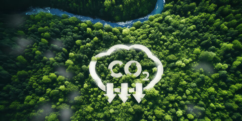 Reduction of carbon emissions, carbon neutral concept. Net zero greenhouse gas emissions target. Reducing carbon on the top view of the forest for environmental sustainability and limit global warming - obrazy, fototapety, plakaty