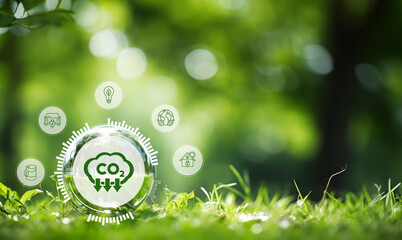 Reduction of carbon emissions, carbon neutral concept. Net zero greenhouse gas emissions target. Reducing carbon footprint concept. Decreasing CO2 emissions target symbol on green view background. - obrazy, fototapety, plakaty
