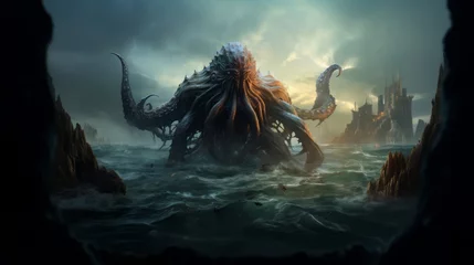 Foto op Plexiglas Mysterious monster Cthulhu in the sea, attack boat huge tentacles sticking out of the water, landscape © Mars0hod