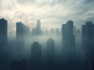 Photography of a city covered in mist and pollution