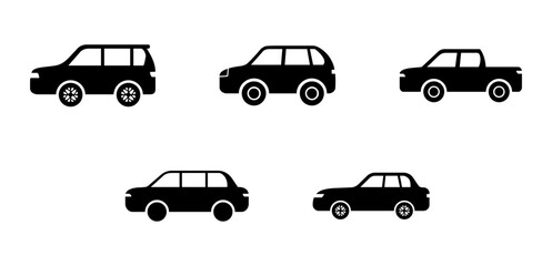 Car icon set. auto, vehicle, transport, transportation, van, automobile, pickup, sedan, cars, traffic, drive, icons. Black solid icon collection. Vector illustration