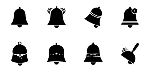 Bell icon set. notification, alert, message, alarm, reminder, ring, sound, inbox, incoming, vibration, siren, emergency, icons. Black solid icon collection. Vector illustration