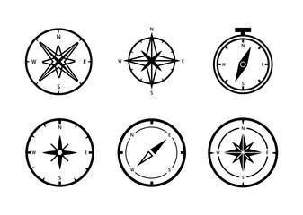 Compass icon set. guide, direction, navigate, rose, wind, north, south, east, west, map, navigation, travel, guidance, icons. Black solid icon collection. Vector illustration
