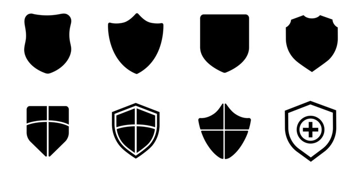 Shield icon set. safety, defense, security, protect, protection, safe, secure, guard, privacy, badge, emblem, protected, icons. Black solid icon collection. Vector illustration