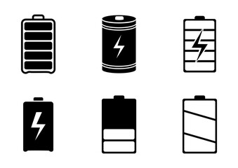 Battery icon set. charge, charging, power, energy, full, charger, mobile, phone, empty, icons. Black solid icon collection. Vector illustration