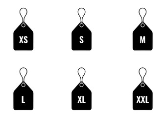 Price tag clothing size icon set. tags, label, price, sale, shop, shopping, retail, small, large, badge, icons. Black solid icon collection. Vector illustration