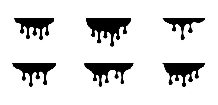 Dripping paint icon set. drip, oil, liquid, splash, drop, messy, fluid, graffiti, flowing, wall, sirup, candy, chocolate, icons. Black solid icon collection. Vector illustration