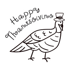 Vector outline design. Happy thanksgiving. Turkey bird. Illustration on white background.