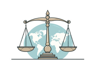 Doodle World map with justice scales, cartoon sticker, sketch, vector, Illustration, minimalistic