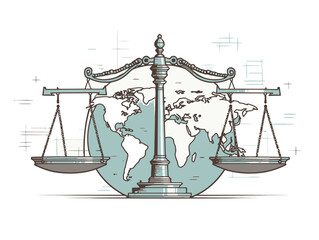 Doodle World map with justice scales, cartoon sticker, sketch, vector, Illustration, minimalistic