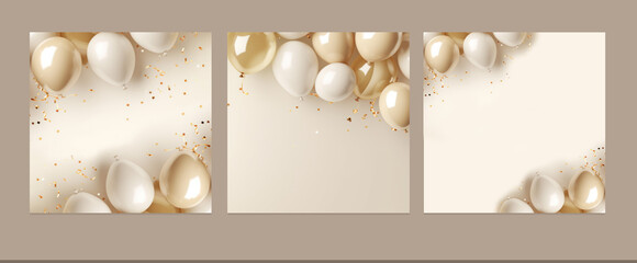 balloon background in gold beige nude color for social media Instagram post brochure flyer square poster coupon template design concept of birthday Christmas happy new year - obrazy, fototapety, plakaty