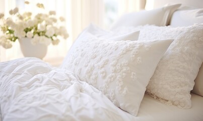 Fototapeta na wymiar Luxurious Bedroom, Comfortable Bed, premium expensive bed sheets, modern premium hotel Interior