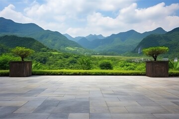 Square floor and green mountain nature landscape.