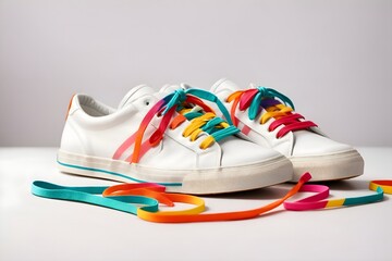 A pair of trendy sneakers with colorful laces,