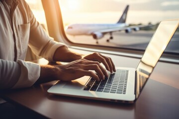 Close-up hand of a business man using a laptop while flying on an airplane near the window. - obrazy, fototapety, plakaty