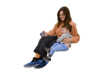 Happy toddler baby with a woman mother, isolated on a white background. Mom with a baby boy. Kid aged one year and three months