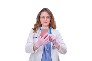 Woman doctor with a phone in her hand on a white uniform, isolated on a white background.