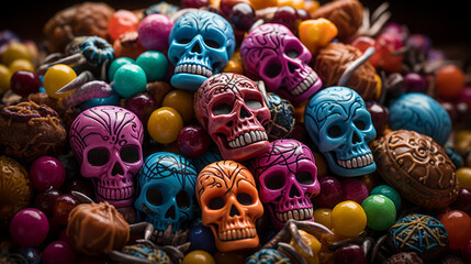 Candy Galore: Piles of assorted Halloween candy shot from above.