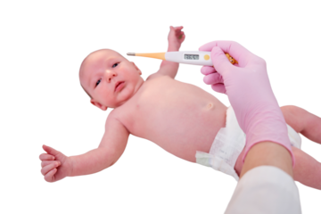 Doctor checks the temperature of the newborn baby with a thermometer, isolated on a white background. A nurse in uniform measures the child fever with a thermometer. Kid aged two months