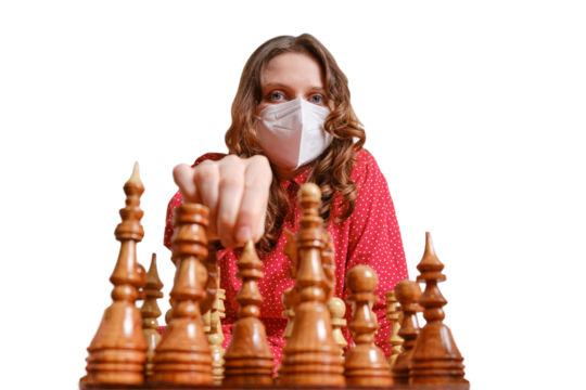 An adult woman plays chess while sitting in a respirator at a chessboard, a face in a medical mask close up, isolated on a white background