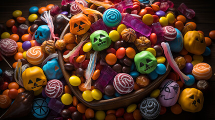 Fototapeta na wymiar Candy Galore: Piles of assorted Halloween candy shot from above.