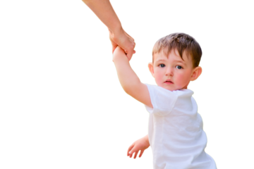 Baby looks back at his family home, feeling the weight of the separation, isolated on white background. The mother and child hold hands tightly, trying to overcome the stress and depression together