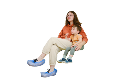 The woman and her child are in the medical waiting room as they wait for their appointment, isolated on white background. Kid boy aged two years (two-year-old)