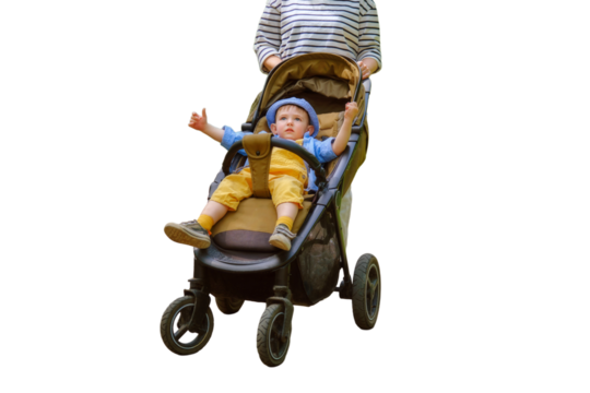 Mother with a baby boy in a pram is enjoying the sunny weather at the park, isolated on white background. Kid aged about two years (one year eleven months)