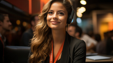 multiracial biracial beautiful woman working customer service wearing headphones corporate communication - Powered by Adobe