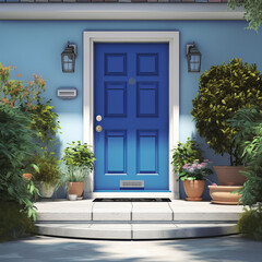 Blue color house entrance door with potted plants decoration.