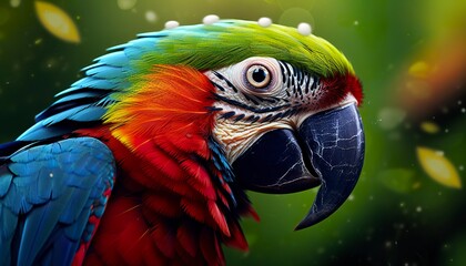 Tropical macaw perched, vibrant feathers in focus.