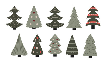 Modern Christmas tree vector set. Trendy Xmas fir, spruce, pine collection. Various decorative tree shapes with vintage colors in doodle style.