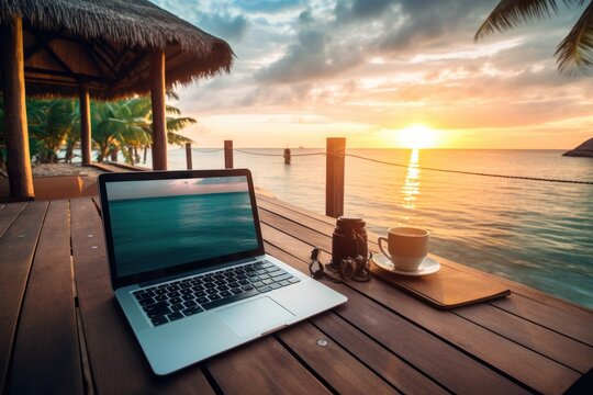 a computer on the table at a Beach, working internet remotely at sunset, Traveling with a computer.