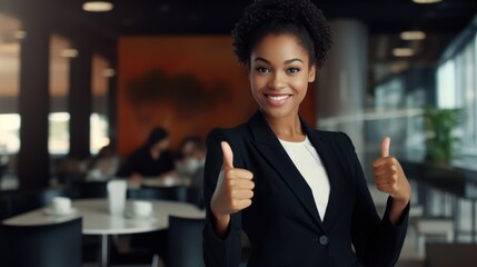 Businesswoman Giving a Thumbs Up. Fictional characters created by Generated AI. - obrazy, fototapety, plakaty