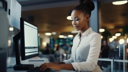 Professional African American woman using a computer at work. Fictional characters created by Generated AI.