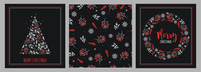 Merry Christmas cards and pattern with red berries, leaves. Pattern, wreath and christmas card. Vector illustration.