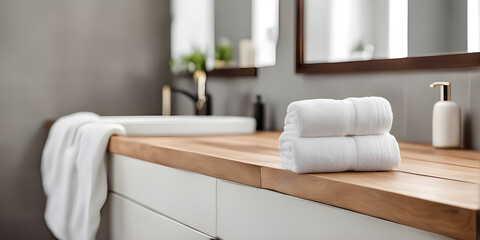 Wooden tabletop counter with a towel. in front of bright out of focus bathroom. copy space